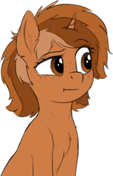 Size: 1140x1772 | Tagged: safe, artist:zippysqrl, oc, oc only, oc:sign, species:pony, species:unicorn, :t, bust, chest fluff, colored sketch, ear fluff, female, freckles, looking to the right, raised eyebrow, simple background, sketch, solo, transparent background