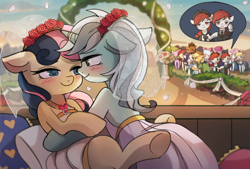 Size: 2400x1621 | Tagged: safe, artist:tcn1205, character:applejack, character:berry punch, character:berryshine, character:bon bon, character:derpy hooves, character:doctor whooves, character:lyra heartstrings, character:rarity, character:roseluck, character:sweetie drops, character:time turner, oc, oc:poomy thai, species:earth pony, species:pegasus, species:pony, species:unicorn, ship:lyrabon, ship:rarijack, blushing, clothing, commission, dress, earth pony oc, eye contact, female, flower, flower in hair, horn ring, human shoulders, i can't believe it's not lumineko, jewelry, lesbian, lesbian in front of boys, looking at each other, male, mare, marriage, necklace, ring, shipping, wedding, wedding dress, wedding ring