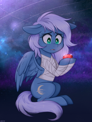 Size: 2000x2650 | Tagged: safe, artist:higgly-chan, oc, oc only, oc:vesperal breeze, species:pegasus, species:pony, bandage, commission, complex background, dreamscape, fanfic art, female, high res, horrified, mare, ruby, sitting, sky, solo, stars, worried