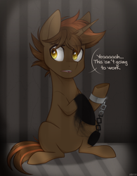 Size: 2032x2600 | Tagged: safe, artist:higgly-chan, oc, oc only, oc:shadowheart, species:pony, species:unicorn, commission, cuffs, dark room, demi-god, golden eyes, handcuffed, high res, incorporeal, jail, male, sarcasm, shadow magic, sitting, solo, stallion