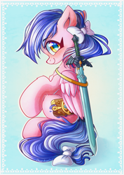Size: 1000x1414 | Tagged: safe, artist:chaosangeldesu, oc, oc only, oc:patch, species:pegasus, species:pony, blushing, female, master sword, sheikah slate, smiling, solo, sword, the legend of zelda, the legend of zelda: breath of the wild, weapon