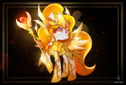 Size: 1680x1130 | Tagged: safe, artist:zidanemina, oc, oc:equalis, species:pony, anime, armor, crossover, female, gold armor, mare, ophiuchus, red eyes, saint seiya, scepter, smiling, solo