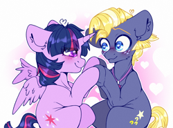 Size: 2700x2000 | Tagged: safe, artist:etoz, character:star tracker, character:twilight sparkle, character:twilight sparkle (alicorn), species:alicorn, species:earth pony, species:pony, ship:twitracker, blushing, cheek fluff, cute, ear fluff, eye clipping through hair, female, freckles, gradient background, happy, heart, high res, horn, male, request, requested art, shipping, smiling, stallion, straight, trackerbetes, twiabetes, wingding eyes, wings
