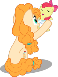 Size: 7218x9600 | Tagged: safe, artist:mrkat7214, character:apple bloom, character:pear butter, species:earth pony, species:pony, absurd resolution, adorabloom, apple bloom's bow, baby apple bloom, baby pony, bow, cute, diaper, duo, female, foal, hair bow, mare, mother and daughter, pearabetes, playing, simple background, transparent background, vector, younger