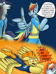 Size: 3024x4032 | Tagged: safe, artist:tacomytaco, character:rainbow dash, character:soarin', character:spitfire, character:thunderlane, species:pegasus, species:pony, comic:wedgiebolts academy, angry, bipedal, blushing, briefs, clothing, comic, comic page, female, flying, gradient background, male, midriff, panties, purple underwear, shirt, shorts, spread wings, suggestive series, sweat, underwear, wing hands, wings, worried