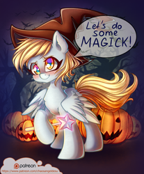 Size: 1000x1209 | Tagged: safe, artist:chaosangeldesu, character:derpy hooves, species:pegasus, species:pony, blushing, clothing, female, halloween, hat, holiday, pumpkin, smiling, solo, witch hat
