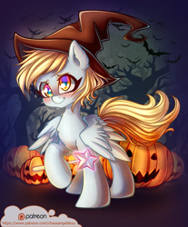 Size: 1000x1209 | Tagged: safe, artist:chaosangeldesu, character:derpy hooves, species:pegasus, species:pony, blushing, clothing, female, halloween, hat, holiday, mare, pumpkin, smiling, solo, witch hat