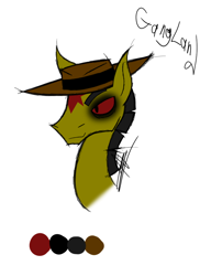 Size: 800x1100 | Tagged: safe, artist:didun850, oc, oc:gangland, species:earth pony, species:pony, bust, clothing, hat, male, reference sheet, signature, solo, stallion