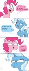 Size: 1000x2414 | Tagged: safe, artist:emositecc, character:pinkie pie, character:trixie, species:earth pony, species:pony, species:unicorn, angry, comic, dialogue, female, floppy ears, joke, mare, missing cutie mark, no pupils, open mouth, pun, shit eating grin, speech bubble, that pony sure does hate wheels, trixie is not amused, unamused