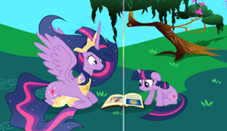 Size: 4280x2488 | Tagged: safe, artist:velveagicsentryyt, base used, character:applejack, character:fluttershy, character:pinkie pie, character:rainbow dash, character:rarity, character:spike, character:twilight sparkle, character:twilight sparkle (alicorn), character:twilight sparkle (unicorn), species:alicorn, species:pony, species:unicorn, episode:the last problem, g4, my little pony: friendship is magic, book, duality, end of ponies, female, frown, gigachad spike, lidded eyes, mane seven, mane six, mare, older, older applejack, older fluttershy, older mane seven, older mane six, older pinkie pie, older rainbow dash, older rarity, older spike, older twilight, princess twilight 2.0, prone, reading, sitting, smiling, spread wings, tree, twolight, wings