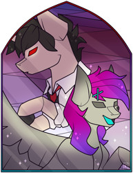 Size: 785x1018 | Tagged: safe, artist:ak4neh, oc, oc only, oc:leon, oc:shyluna, species:pegasus, species:pony, species:unicorn, couple, female, male, mare, simple background, stained glass, stallion, straight, transparent background