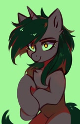 Size: 828x1280 | Tagged: safe, artist:share dast, oc, oc only, oc:soft spring, species:pony, species:unicorn, green background, simple background, solo