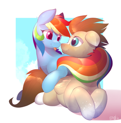 Size: 2383x2422 | Tagged: safe, artist:b-epon, character:rainbow dash, oc, oc:skittle, species:pegasus, species:pony, canon x oc, coat markings, cute, eye contact, female, looking at each other, male, mare, prone, shipping, skidash, smiling, stallion, tongue out