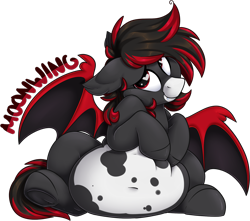 Size: 1902x1683 | Tagged: safe, artist:mulberrytarthorse, oc, oc only, oc:moonwing, species:bat pony, species:pony, badge, belly, belly button, bhm, big belly, chubby, fat, hybrid, male, simple background, solo, transparent background