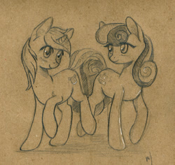 Size: 1000x944 | Tagged: safe, artist:maytee, character:bon bon, character:lyra heartstrings, character:sweetie drops, species:earth pony, species:pony, species:unicorn, duo, female, looking at each other, mare, partial color, pencil drawing, toned paper, traditional art