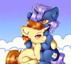 Size: 2200x2000 | Tagged: safe, artist:etoz, character:golden crust, character:midnight snack, species:pony, species:unicorn, ship:goldensnack, blushing, cloud, commission, cute, friendship student, gay, gradient background, happy, heart eyes, horn, hug, male, shipping, smiling, stallion, wingding eyes