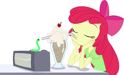 Size: 11358x6920 | Tagged: safe, artist:marcorois, character:apple bloom, equestria girls:holidays unwrapped, g4, my little pony: equestria girls, my little pony:equestria girls, spoiler:eqg series (season 2), absurd resolution, clothing, colonel wigglesworth, drinking, eyes closed, female, milkshake, napkin, simple background, solo, table, the cider louse fools, transparent background, vector, worm