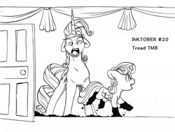 Size: 2001x1514 | Tagged: safe, artist:tillie-tmb, character:rarity, character:sweetie belle, species:pony, species:unicorn, inktober, faec, female, filly, inktober 2019, mare, monochrome, mud, muddy hooves, saddle bag, shocked expression, siblings, sisters