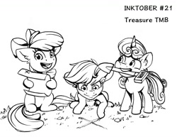 Size: 1282x989 | Tagged: safe, artist:tillie-tmb, character:apple bloom, character:scootaloo, character:sweetie belle, species:earth pony, species:pegasus, species:pony, species:unicorn, inktober, cutie mark crusaders, inktober 2019, map, monochrome, mouth hold, shovel
