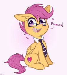 Size: 1340x1480 | Tagged: safe, artist:higgly-chan, character:scootaloo, species:pegasus, species:pony, accounting, adorkable, blushing, cute, cutealoo, cutie mark, dork, female, filly, glasses, necktie, nerd, shirt collar, sitting, solo, speech, the cmc's cutie marks
