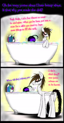Size: 1200x2300 | Tagged: safe, artist:didun850, character:princess celestia, oc, oc:chase, species:earth pony, species:pony, comic:ask chase the pony, ask, bathtub, claw foot bathtub, comic, dialogue, eye clipping through hair, male, plushie, stallion, tumblr