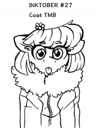 Size: 1141x1514 | Tagged: safe, artist:tillie-tmb, oc, oc:meadow lark, species:earth pony, species:pony, inktober, clothing, female, jacket, mare, monochrome, solo, tongue out
