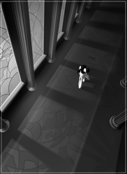 Size: 3000x4125 | Tagged: safe, artist:lunebat, character:raven inkwell, species:pony, species:unicorn, canterlot castle, fanfic art, grayscale, hallway, illustration, monochrome, solo, stained glass