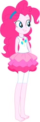 Size: 284x860 | Tagged: safe, artist:marcorois, edit, editor:thomasfan45, character:pinkie pie, g4, my little pony: equestria girls, my little pony:equestria girls, bare arms, barefoot, clothing, cute, cutie mark on clothes, diapinkes, edited vector, feet, female, geode of sugar bombs, hairband, hands behind back, leggings, magical geodes, miniskirt, shortened leggings, simple background, skirt, smiling, solo, tank top, vector, white background