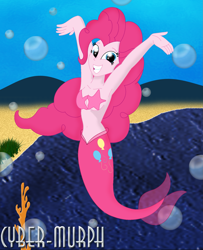 Size: 1709x2105 | Tagged: safe, artist:cyber-murph, character:pinkie pie, my little pony:equestria girls, armpits, arms in the air, belly, belly button, coral, cute, flowing hair, mermaid, mermaidized, midriff, rock, smiley face, species swap, starfish, starfish bikini, underwater