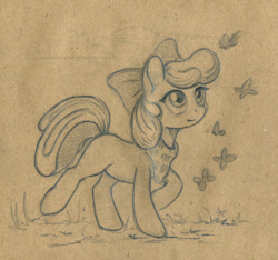 Size: 1200x1125 | Tagged: safe, artist:maytee, character:apple bloom, species:earth pony, species:pony, apple bloom's bow, bandana, bow, butterfly, female, hair bow, looking up, missing cutie mark, older, solo, teenager, walking