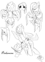Size: 1100x1500 | Tagged: safe, artist:didun850, character:pinkamena diane pie, character:pinkie pie, species:earth pony, species:pony, armpits, bust, crying, expressions, female, grin, hair over one eye, insanity, knife, lineart, mare, mouth hold, sad, signature, smiling, smirk, tongue out