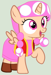 Size: 780x1148 | Tagged: safe, artist:pegasski, artist:twidashfan1234, base used, species:alicorn, species:pony, alicornified, clothing, crossover, dress, hat, mushroom hat, nintendo, ponified, race swap, shoes, super mario bros., toadette, vest