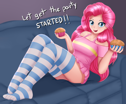 Size: 2000x1650 | Tagged: safe, artist:focusb, character:pinkie pie, species:human, adorasexy, ass, balloonbutt, butt, clothing, couch, cupcake, cute, dessert, dialogue, female, food, humanized, looking at you, missing shoes, open mouth, schrödinger's pantsu, sexy, socks, solo, stocking feet, stockings, striped socks, striped stockings, thigh highs, thighs