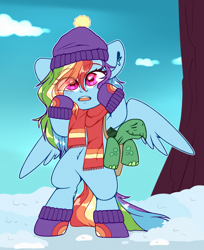 Size: 2200x2700 | Tagged: safe, artist:etoz, character:rainbow dash, character:tank, species:pegasus, species:pony, bipedal, clothing, cute, dashabetes, eye clipping through hair, female, hat, high res, open mouth, scarf, snow, solo, tortoise, wingding eyes, wings, winter, winter outfit