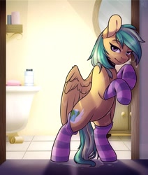 Size: 824x970 | Tagged: safe, artist:ak4neh, oc, oc only, oc:summer ray, species:pegasus, species:pony, clothing, featureless crotch, female, looking at you, mare, socks, solo, stockings, striped socks, thigh highs, wet, wet mane