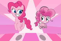Size: 4500x3000 | Tagged: safe, alternate version, artist:mrkat7214, character:pinkie pie, species:earth pony, species:pony, g4, my little pony:pony life, abstract background, cursed image, duo, face swap, generational ponidox, grin, high res, looking at each other, ponidox, pronking, self ponidox, smiling, unshorn fetlocks, vector, wat