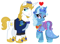 Size: 1164x856 | Tagged: safe, artist:starryoak, edit, character:prince blueblood, character:trixie, species:pony, species:unicorn, ship:bluetrix, alternate hairstyle, clothing, crown, female, heart, jewelry, king, king and queen, male, mare, older, queen, regalia, shipping, simple background, stallion, straight, white background