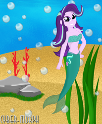 Size: 2256x2744 | Tagged: safe, artist:cyber-murph, character:starlight glimmer, my little pony:equestria girls, bandeau, belly, belly button, bikini, bikini top, breasts, cleavage, clothing, coral reef, cute, female, mermaid, mermaidized, midriff, scales, seaweed, solo, species swap, swimsuit, underwater