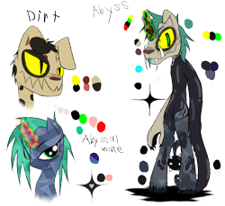 Size: 1200x1100 | Tagged: safe, artist:didun850, oc, oc:abyssal zone, oc:dirt, species:anthro, species:crystal pony, species:diamond dog, species:pony, species:unguligrade anthro, species:unicorn, anthro with ponies, bust, colored horn, curved horn, dark magic, diamond dog oc, fangs, female, fusion, glowing horn, horn, magic, male, mare, reference sheet, simple background, slit eyes, sombra horn, story included, transparent background, unshorn fetlocks