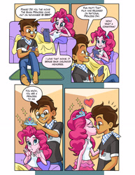 Size: 1976x2554 | Tagged: source needed, safe, artist:art-2u, character:pinkie pie, oc, oc:copper plume, my little pony:equestria girls, canon x oc, cellphone, commission, copperpie, couch, dialogue, female, grammar error, jewelry, kissing, male, phone, romantic, shipping, smartphone, straight, tablet, tiara