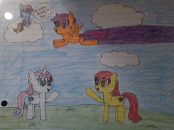 Size: 824x615 | Tagged: safe, artist:nightshadowmlp, character:apple bloom, character:rainbow dash, character:scootaloo, character:sweetie belle, species:earth pony, species:pegasus, species:pony, species:unicorn, cloud, cmc day, cutie mark crusaders, female, flying, lined paper, mare, older, older apple bloom, older rainbow dash, older scootaloo, older sweetie belle, scootaloo can fly, traditional art