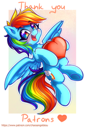 Size: 1000x1480 | Tagged: safe, artist:chaosangeldesu, character:rainbow dash, species:pegasus, species:pony, blushing, female, flying, heart, patreon, text