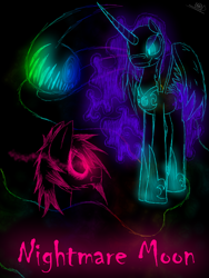 Size: 1200x1600 | Tagged: safe, artist:didun850, character:nightmare moon, character:princess luna, oc, oc:chase, species:alicorn, species:earth pony, species:pony, comic:ask chase the pony, comic, cover art, female, glowing eyes, hoof shoes, lineart, male, mare, shadow pony, sombra eyes, stallion