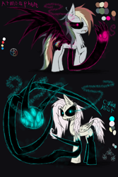 Size: 1200x1800 | Tagged: safe, artist:didun850, character:fluttershy, character:rainbow dash, oc, oc:atmosphere, oc:carbon mist, species:pegasus, species:pony, black sclera, female, glowing eyes, mare, possessed, raised hoof, reference sheet, shadow pony, sombra eyes