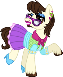 Size: 680x838 | Tagged: safe, artist:starryoak, character:gizmo, species:earth pony, species:pony, clothing, crossdressing, ear piercing, earring, eyeshadow, facial hair, glasses, high heels, jewelry, lipstick, looking at you, makeup, male, moustache, older, one eye closed, piercing, raised hoof, shirt, shoes, simple background, skirt, solo, stallion, transparent background, unshorn fetlocks, wink