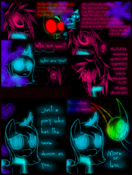 Size: 1200x1600 | Tagged: safe, artist:didun850, character:nightmare moon, character:princess luna, oc, oc:chase, species:alicorn, species:earth pony, species:pony, comic:ask chase the pony, collar, comic, dialogue, female, filly, glowing eyes, grin, heterochromia, leash, lineart, male, master, red eyes, s1 luna, shadow pony, smiling, stallion
