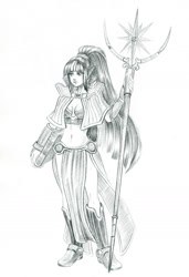 Size: 1200x1759 | Tagged: safe, artist:maytee, character:twilight sparkle, species:human, absolute cleavage, book, breasts, cleavage, crossover, elf ears, female, grayscale, humanized, monochrome, pencil drawing, ragnarok online, sage, simple background, solo, staff, traditional art, white background