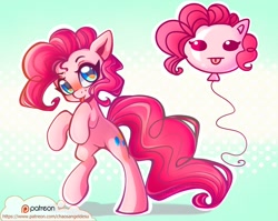 Size: 1024x817 | Tagged: safe, artist:chaosangeldesu, character:pinkie pie, species:earth pony, species:pony, balloon, bipedal, blep, cute, diapinkes, female, mare, patreon, solo, tongue out