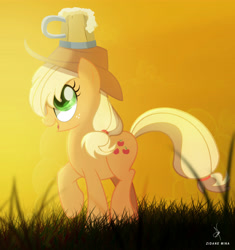 Size: 4000x4252 | Tagged: safe, artist:zidanemina, character:applejack, species:earth pony, species:pony, episode:the super speedy cider squeezy 6000, g4, my little pony: friendship is magic, absurd resolution, balancing, cider, clothing, cowboy hat, cute, female, freckles, hat, i didn't learn anything, jackabetes, looking up, mare, scene interpretation, silly, silly pony, solo, stetson, who's a silly pony