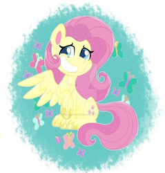 Size: 1280x1338 | Tagged: safe, artist:missmele-madness, character:fluttershy, species:pegasus, species:pony, my little pony:pony life, deviantart watermark, female, grin, mare, obtrusive watermark, one wing out, raised hoof, sitting, smiling, solo, three quarter view, unshorn fetlocks, watermark, wings
